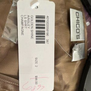 Tan/gold top, Chico.  Label: Golden Shine, Ainsley LS Shrt Champagne & Necklace
